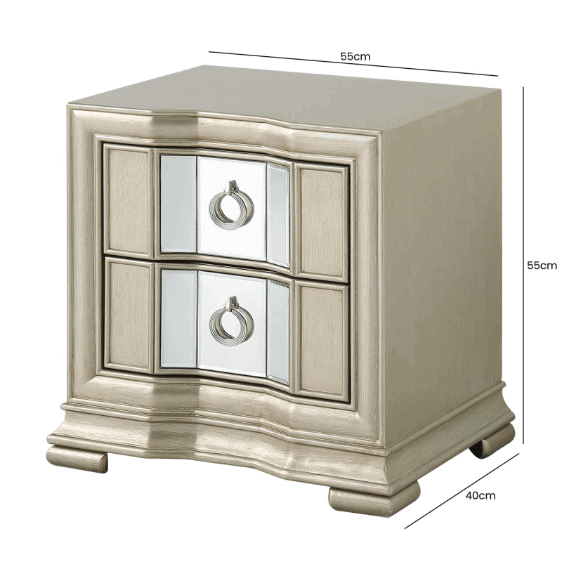 Diagram of a 2 drawer bedside table.