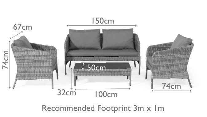 Diagram of a rattan 2 seat sofa set with two chairs and coffee table