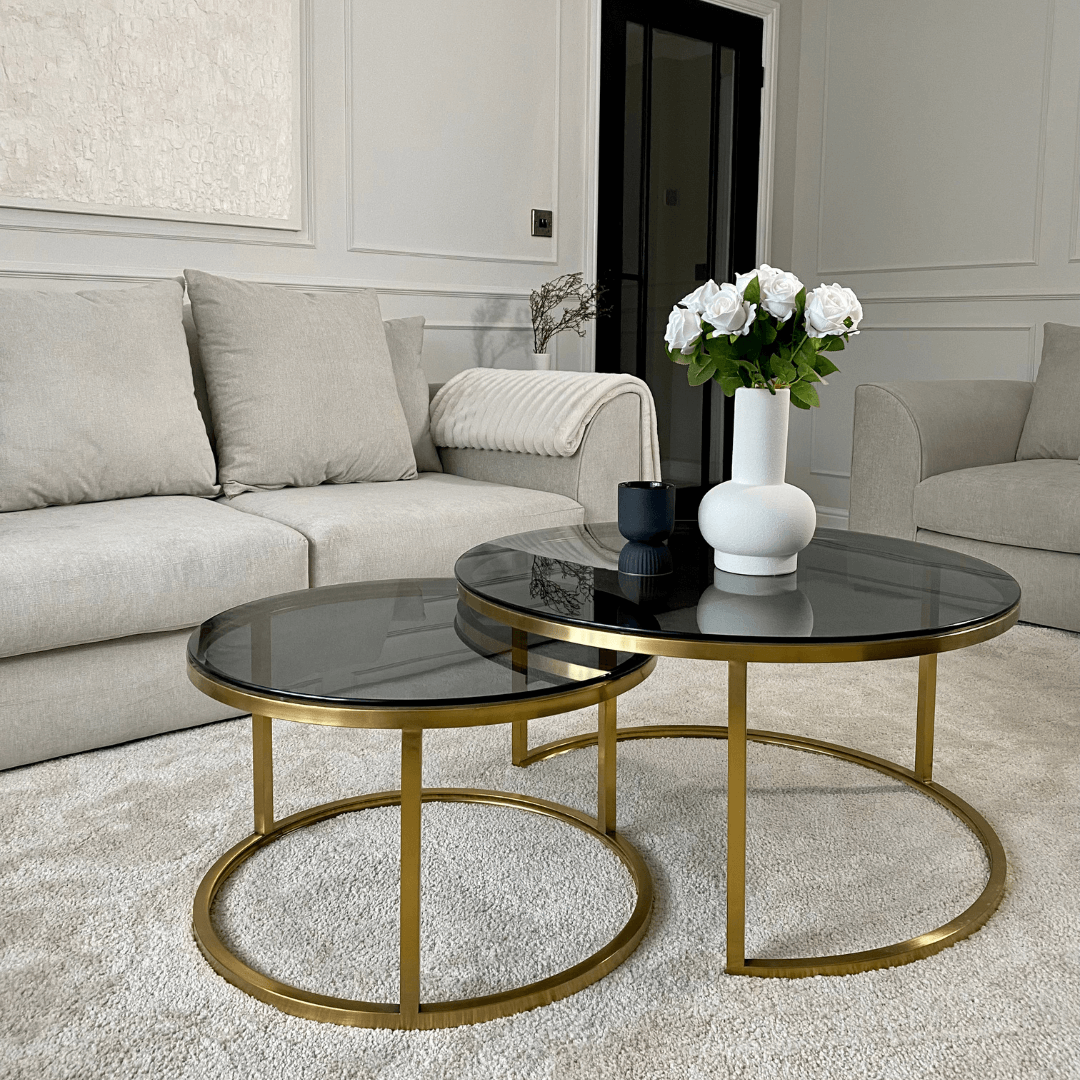 Alvaro Brushed Gold and Smoked Glass Nesting Tables