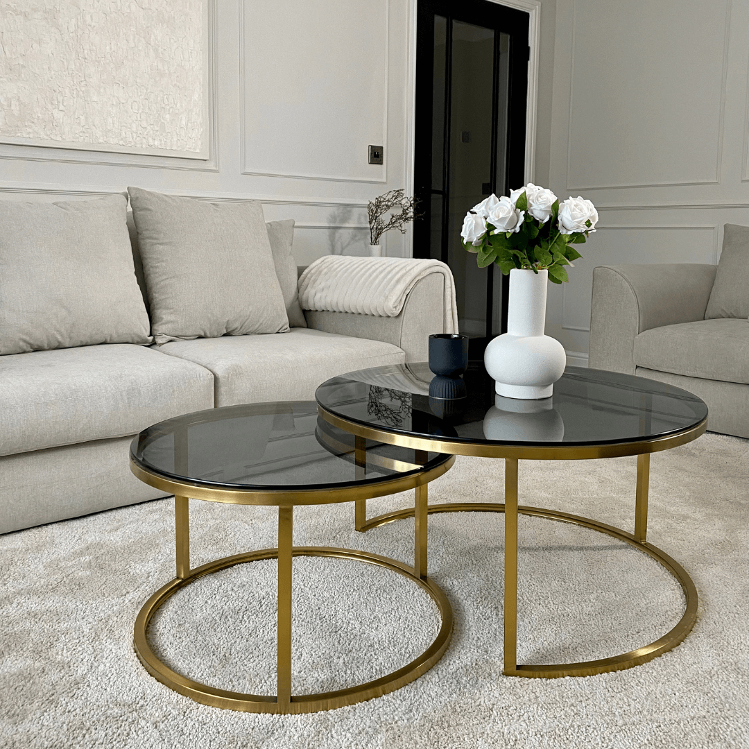 Brushed Gold Smoked Glass Nesting Tables