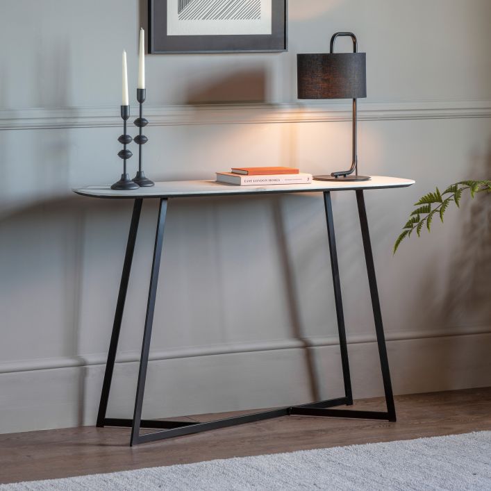 White Marble Style Console Table With Black Iron Legs