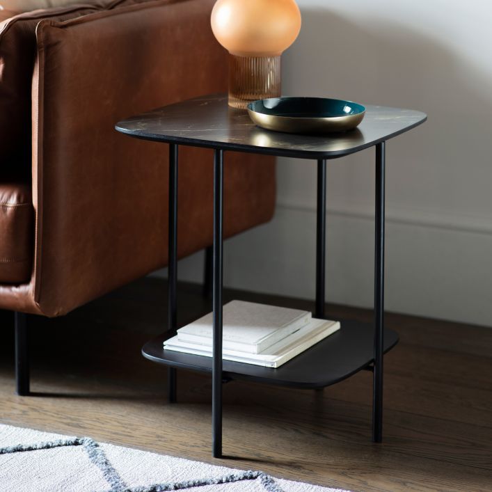 Black Marble Style Side Table With Black Iron Legs