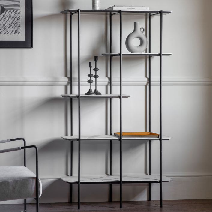 White Marble Style Shelving Unit With Black Iron Legs