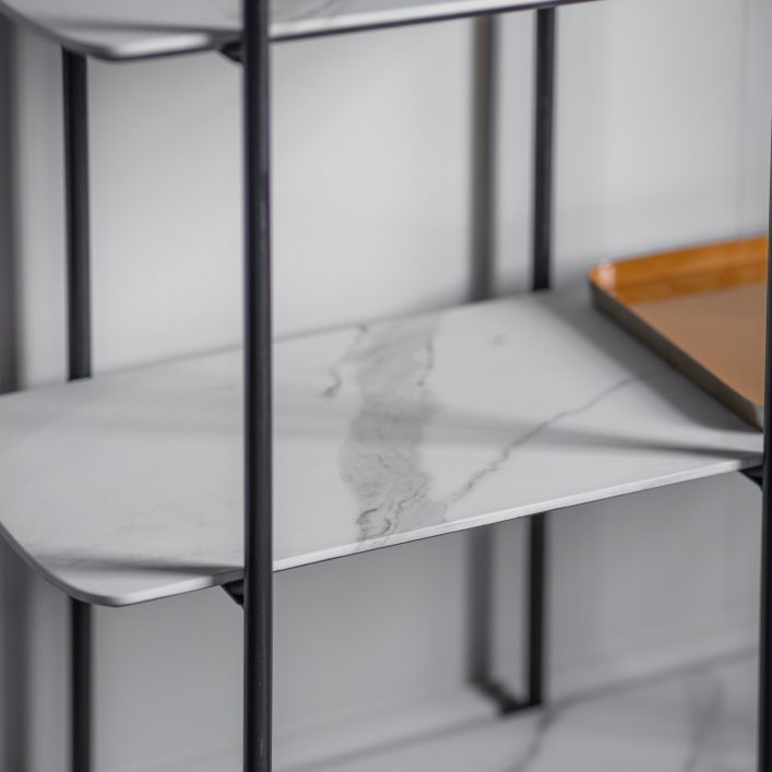 White Marble Style Shelving Unit With Black Iron Legs