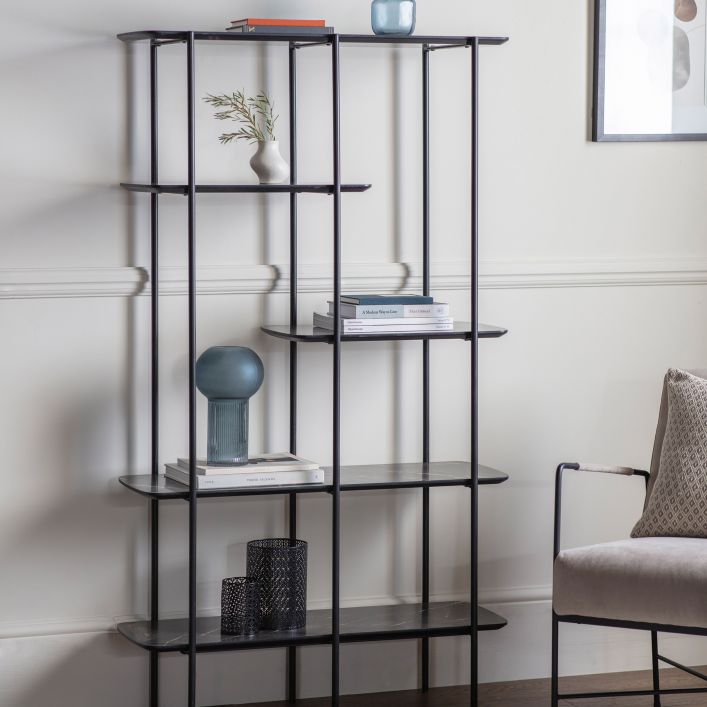 Black Marble Style Shelving Unit With Black Iron Legs