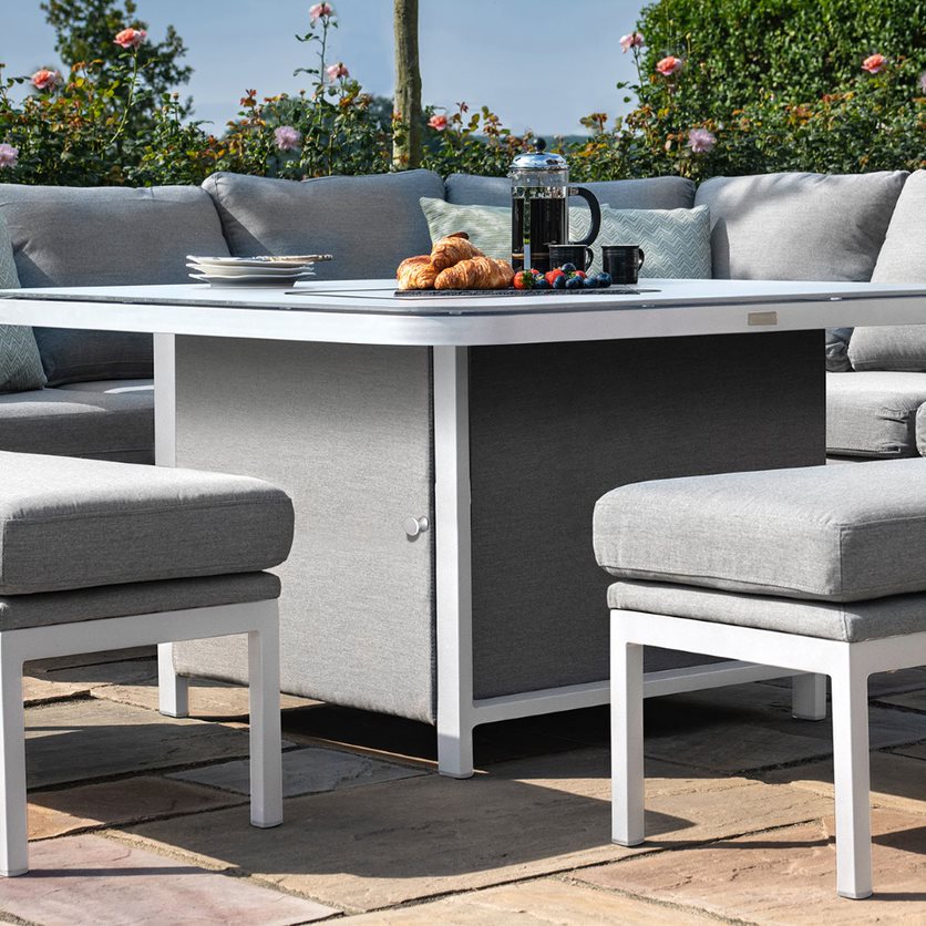 Fabric square corner dining set with firepit table and two benches #colour_lead chine
