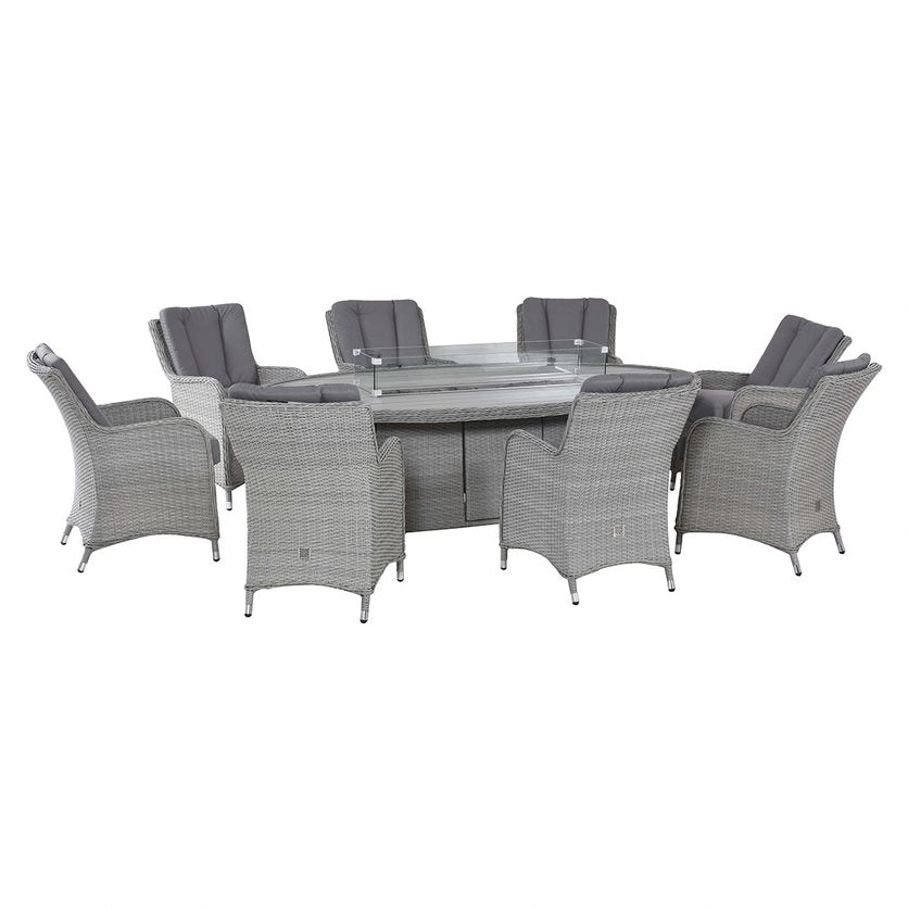Grey Rattan 8 Seat Oval Rattan Dining Set - With Fire Pit Table