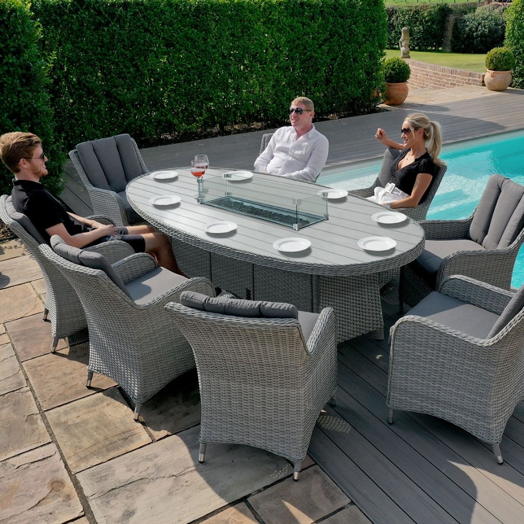 Grey Rattan 8 Seat Oval Rattan Dining Set - With Fire Pit Table