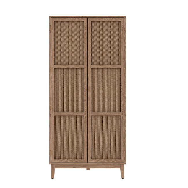 Oak coloured 2 door wardrobe with rattan fronts and gold handles.