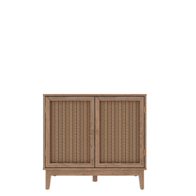 Oak coloured 2 door sideboard with rattan fronts and gold handles.