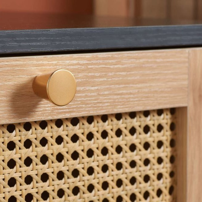 Close up of a rattan drawer front. 