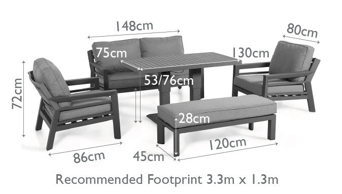 2 Seat Aluminium Sofa Set with Rising Table (includes 1 x bench) #colour_grey #colour_white