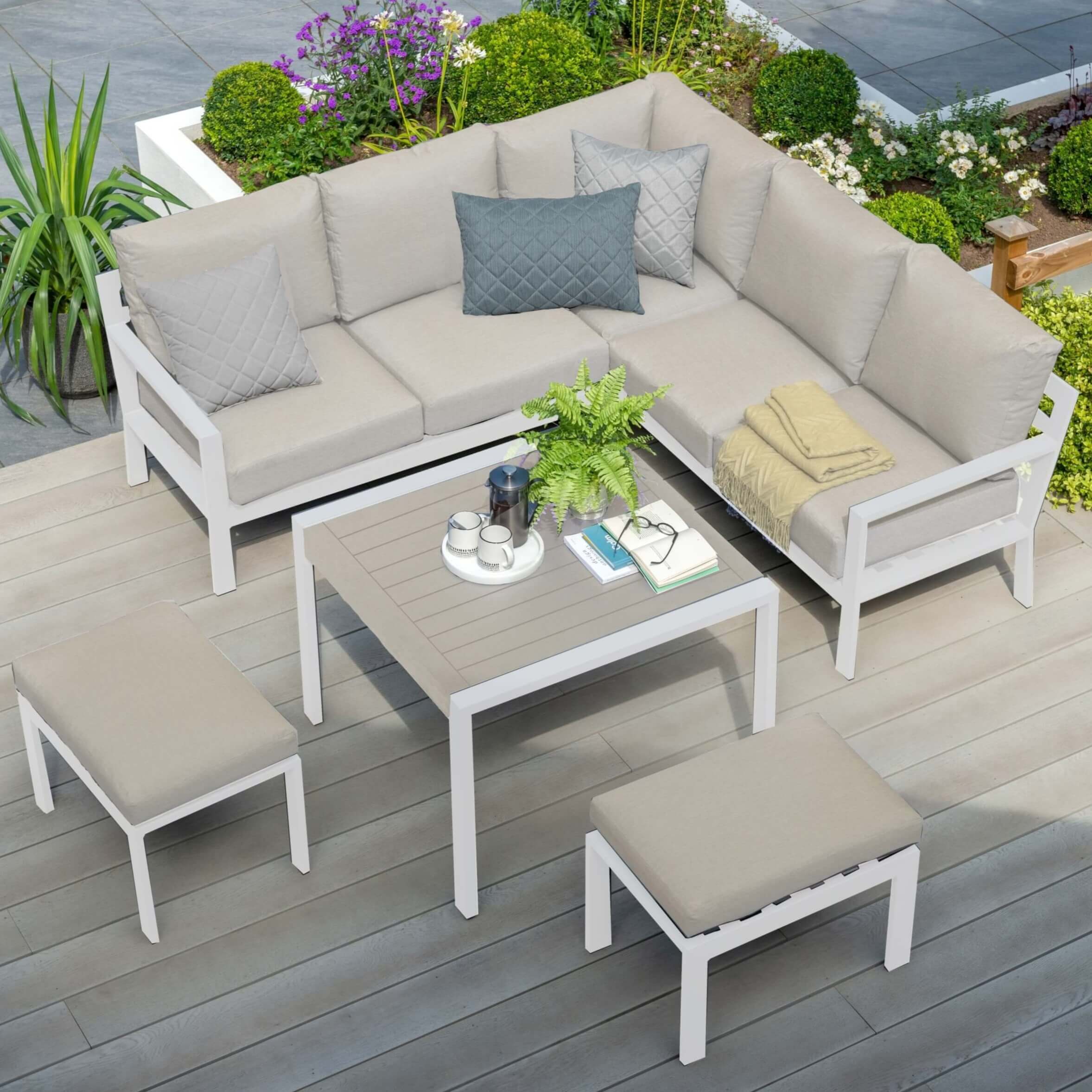 White aluminium corner sofa set with two stools and coffee table #colour_white