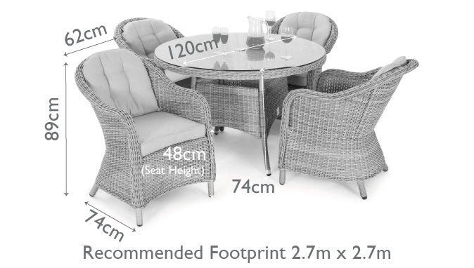 Diagram of a rattan 4 seat round dining set with heritage chairs