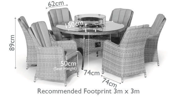 Diagram of a rattan 6 seat round fire pit dining set with Venice chairs and lazy susan