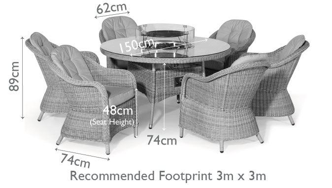 Diagram of a rattan 6 seat round dining set with heritage chairs and lazy susan