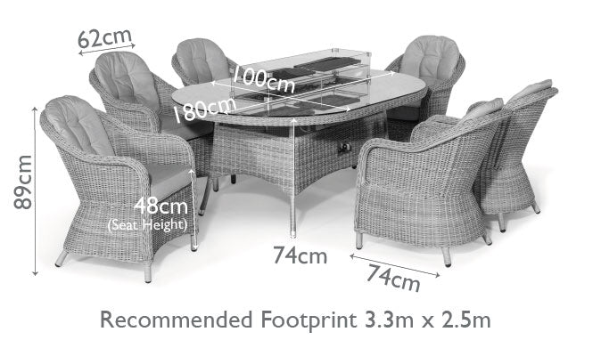 Diagram of a rattan 6 seat oval fire pit dining set with heritage chairs