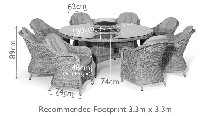 Diagram of an 8 seat round dining set with fire pit table.