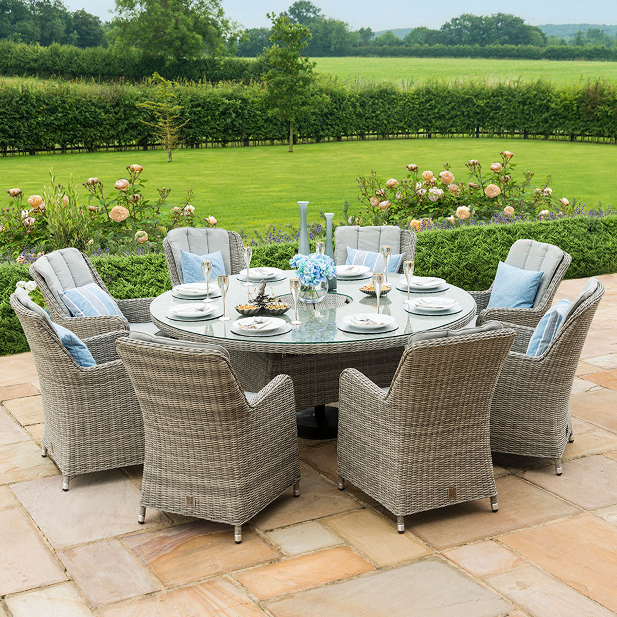 Light grey rattan 8 seat round ice bucket dining set with Venice chairs