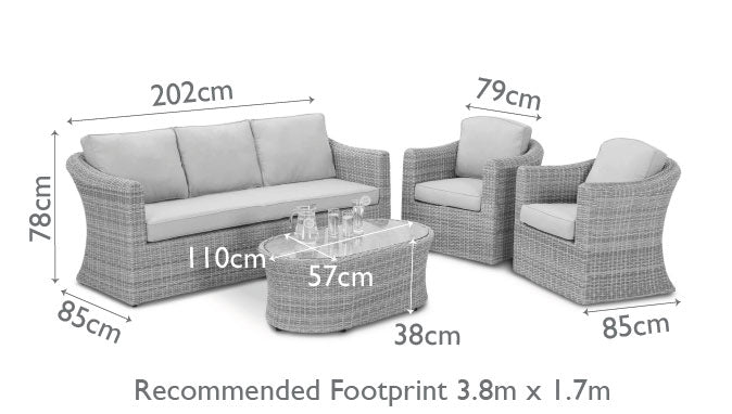 Diagram of a rattan 3 seat sofa set with two armchairs and a matching oval coffee table