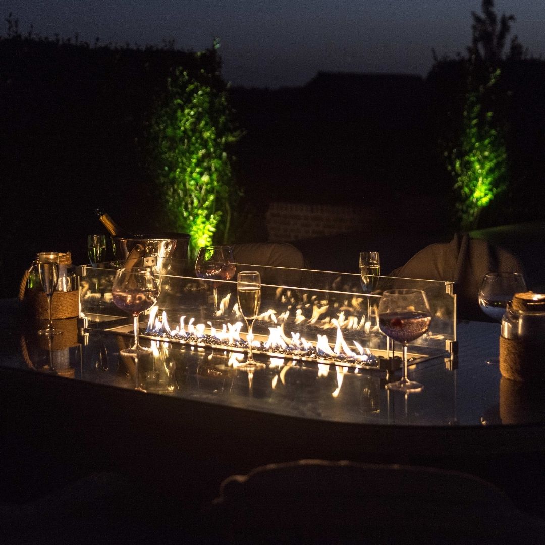 Close up of a fire pit dining table