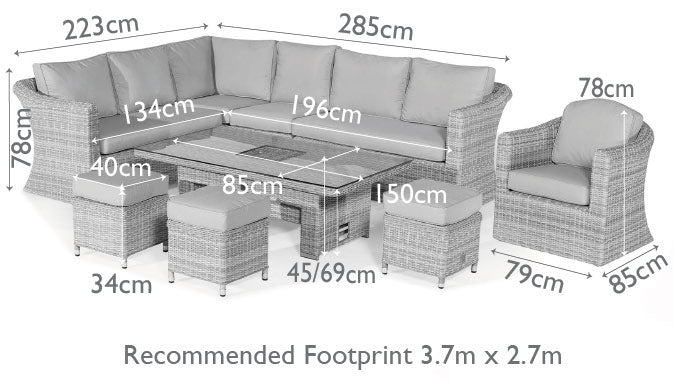 Diagram of a corner sofa, armchair, three stools and a rectangle rising table with ice bucket.