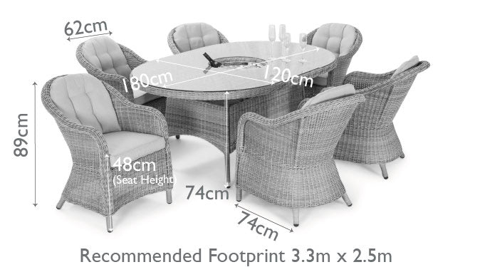 Diagram of a rattan 6 seat oval ice bucket dining set with heritage chairs