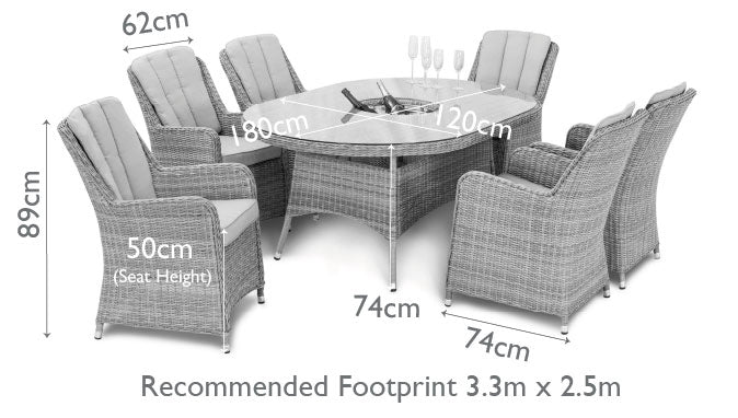 Diagram of a rattan 6 seat oval ice bucket dining set with Venice chairs