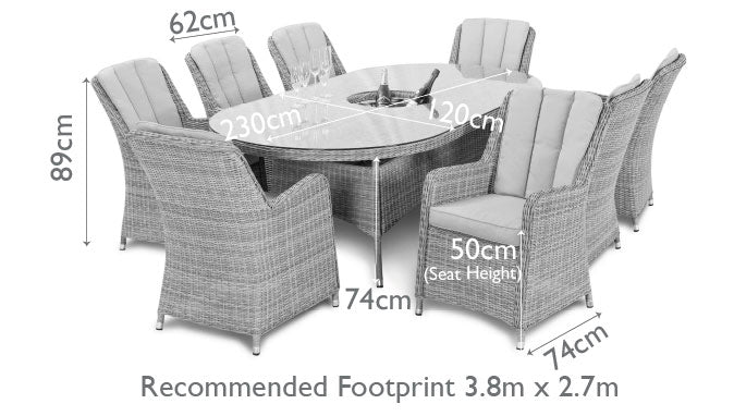 Diagram of a rattan 8 seat oval ice bucket dining set with Venice chairs