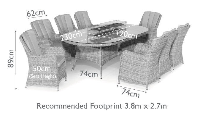 Diagram of a rattan 8 seat oval fire pit dining set