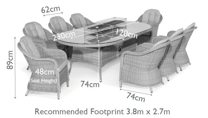 Diagram of a rattan 8 seat oval fire pit dining set with heritage chairs