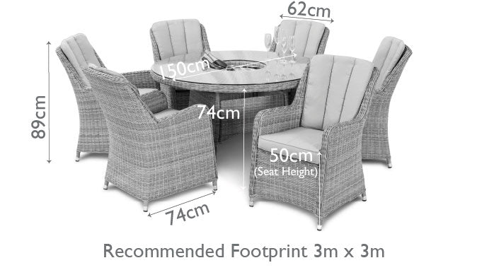 Diagram of rattan 6 seat round dining set with Venice chairs, ice bucket and lazy susan