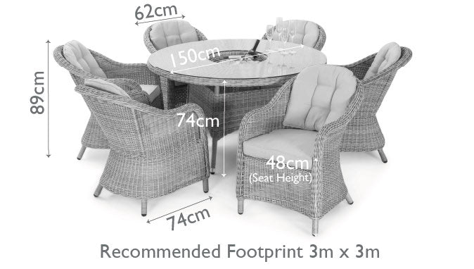 Diagram of a rattan 6 seat round ice bucket dining set with heritage chairs and lazy susan