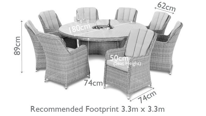 Diagram of a rattan 6 seat round ice bucket dining set with Venice chairs