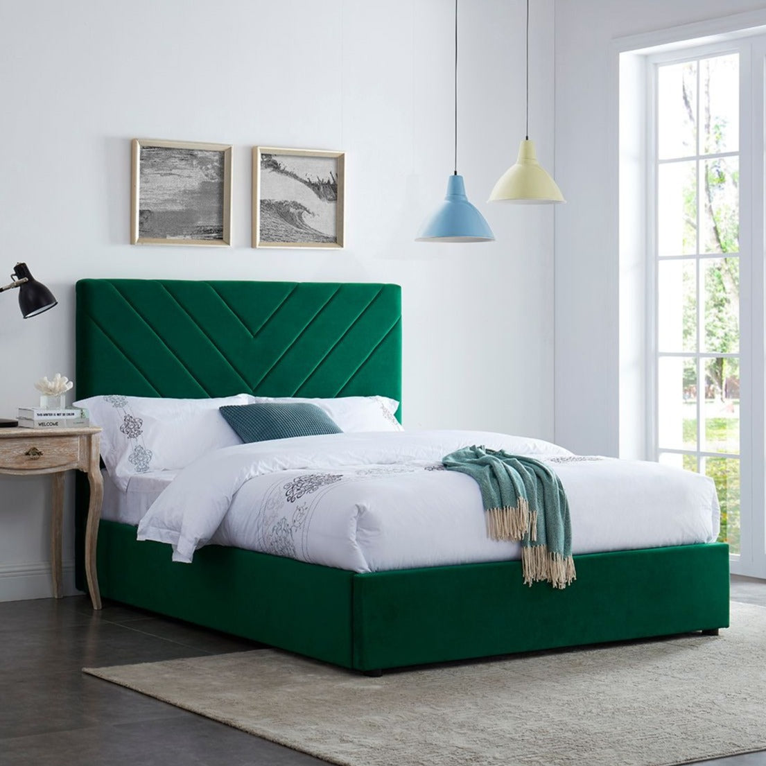 Green velvet bed frame with v shape stitched detail headboard.