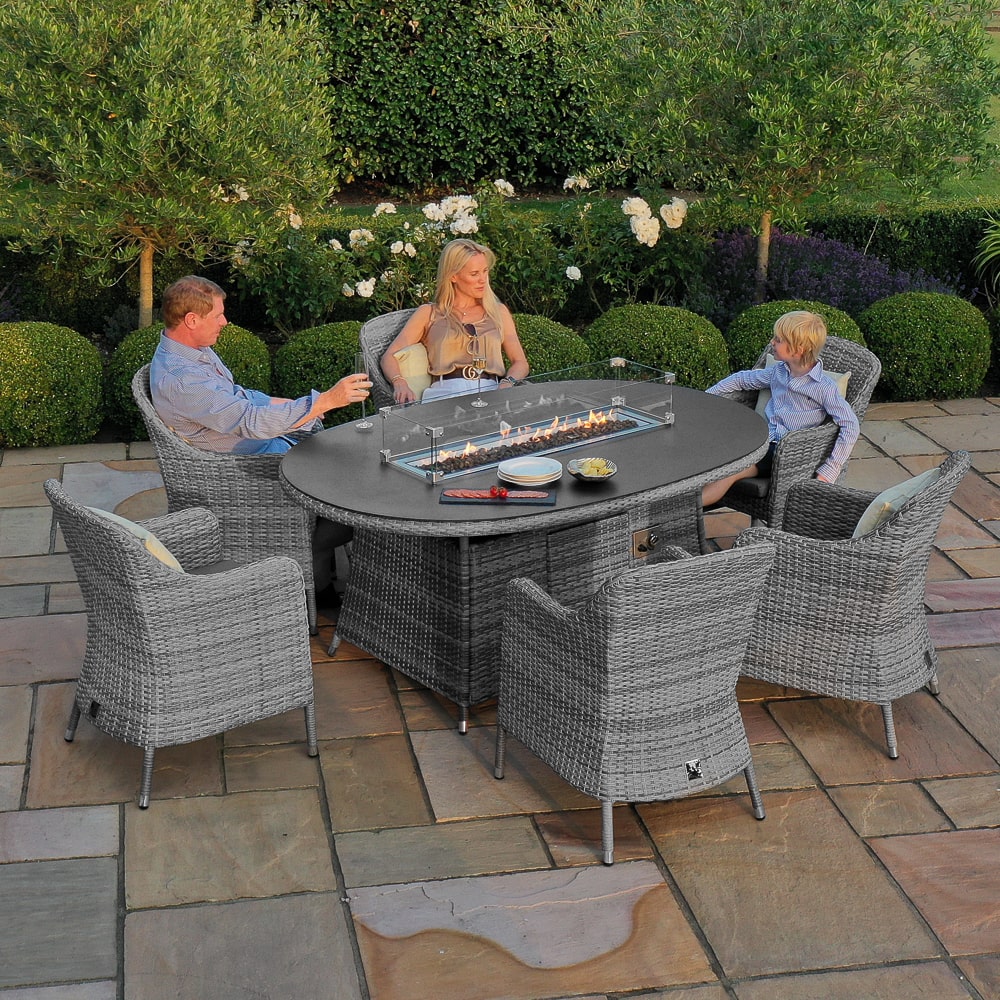 Santorini 6 Seat Oval Rattan Dining Set - With Fire Pit Table