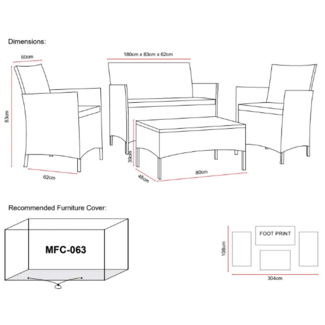 Drawing diagram of a 4 seat sofa set with a two seat sofa, two single armchairs and a small rectangle coffee table.