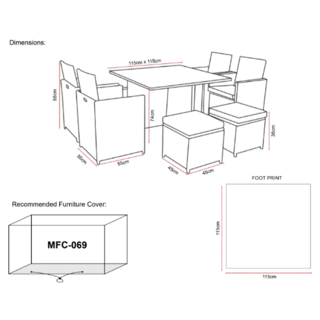 Drawing diagram of a cube dining set with 4 dining chairs, 4 stools and a square dining table.