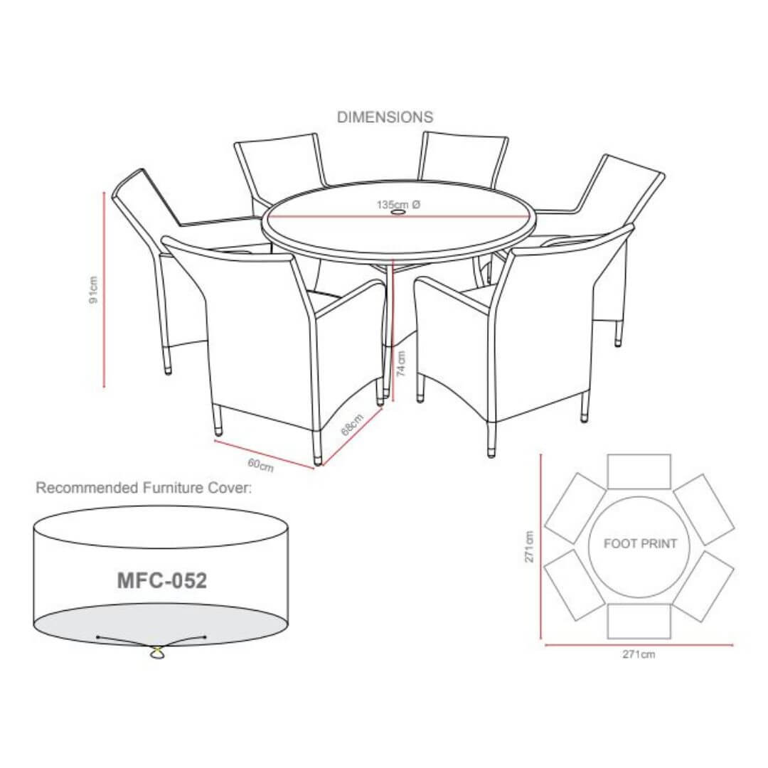 Drawing diagram of a 6 seat round dining set with lazy susan.