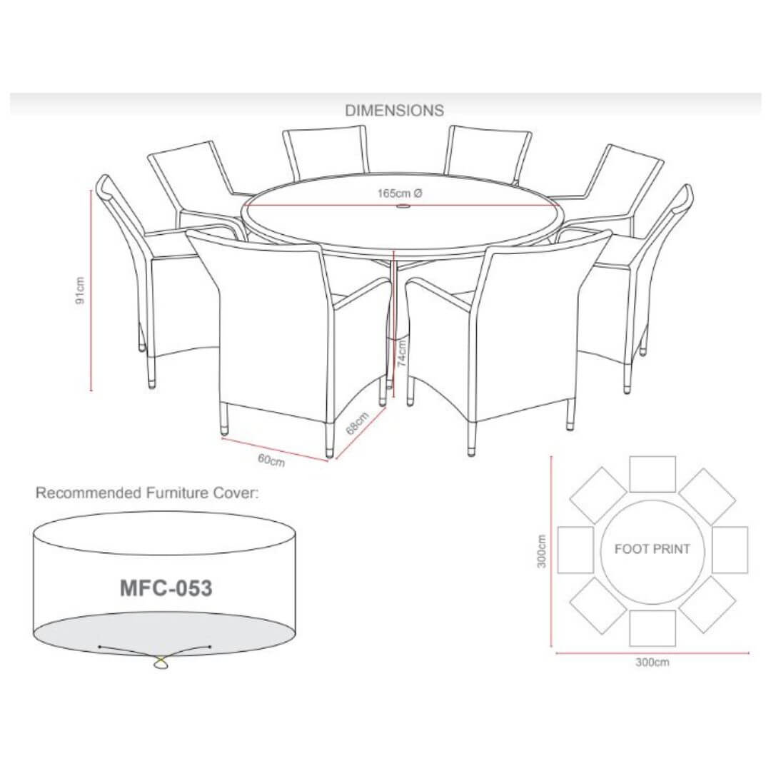 Drawing diagram of a 8 seat round dining set with lazy susan.