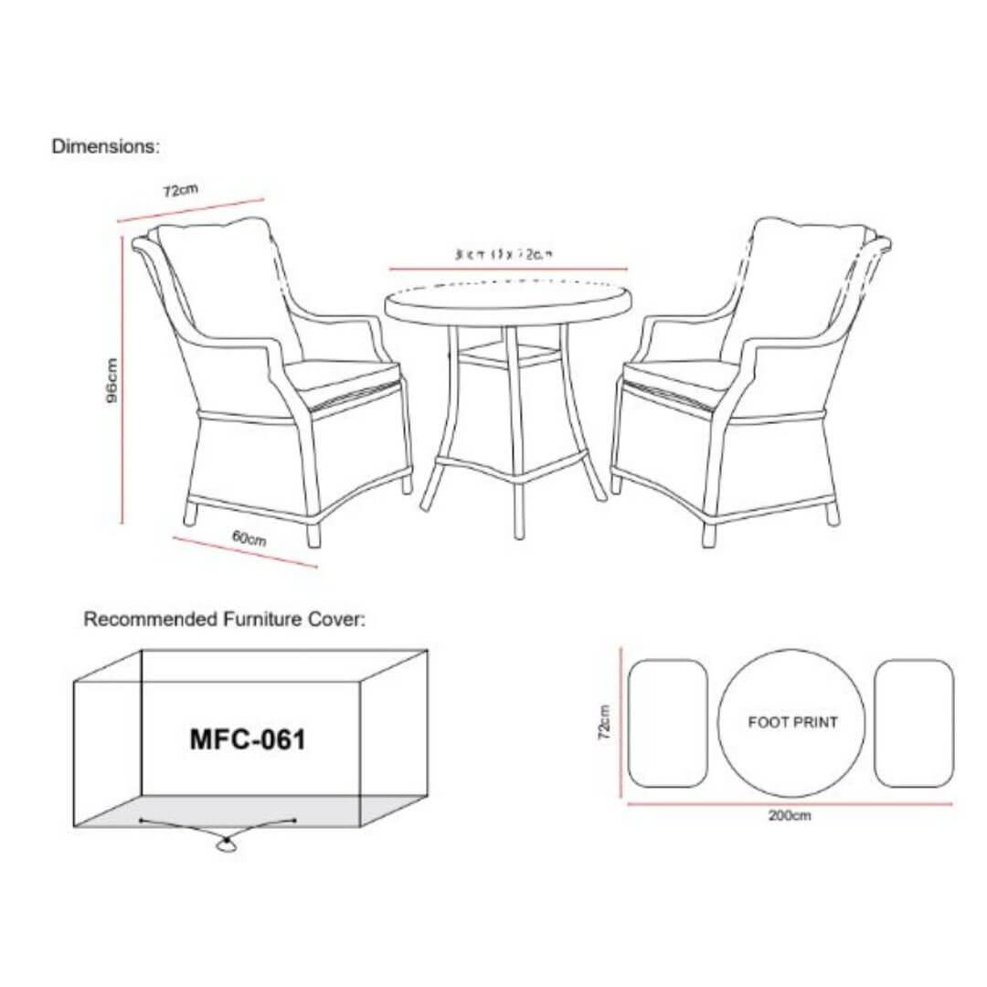 Drawing diagram of a 2 seat bistro set with two armchairs and a small round table.