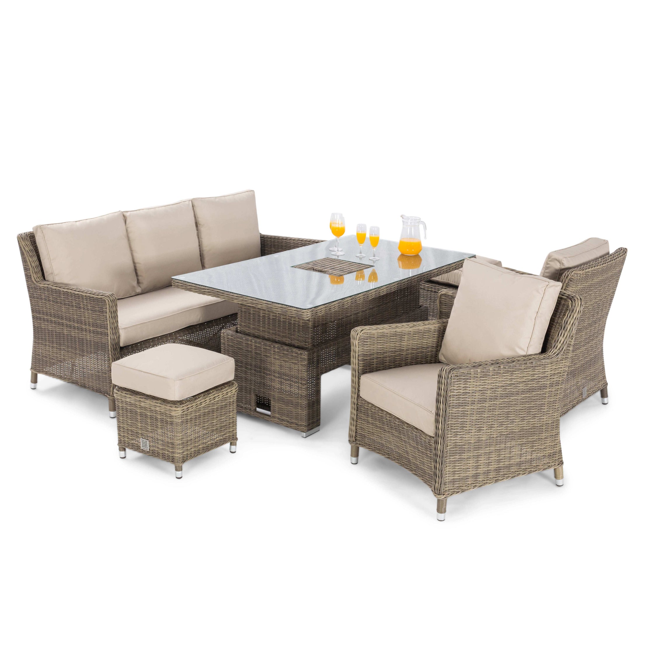 Natural coloured rattan 3 seat sofa dining set with two armchairs, two stools and a rectangle ice bucket rising table.