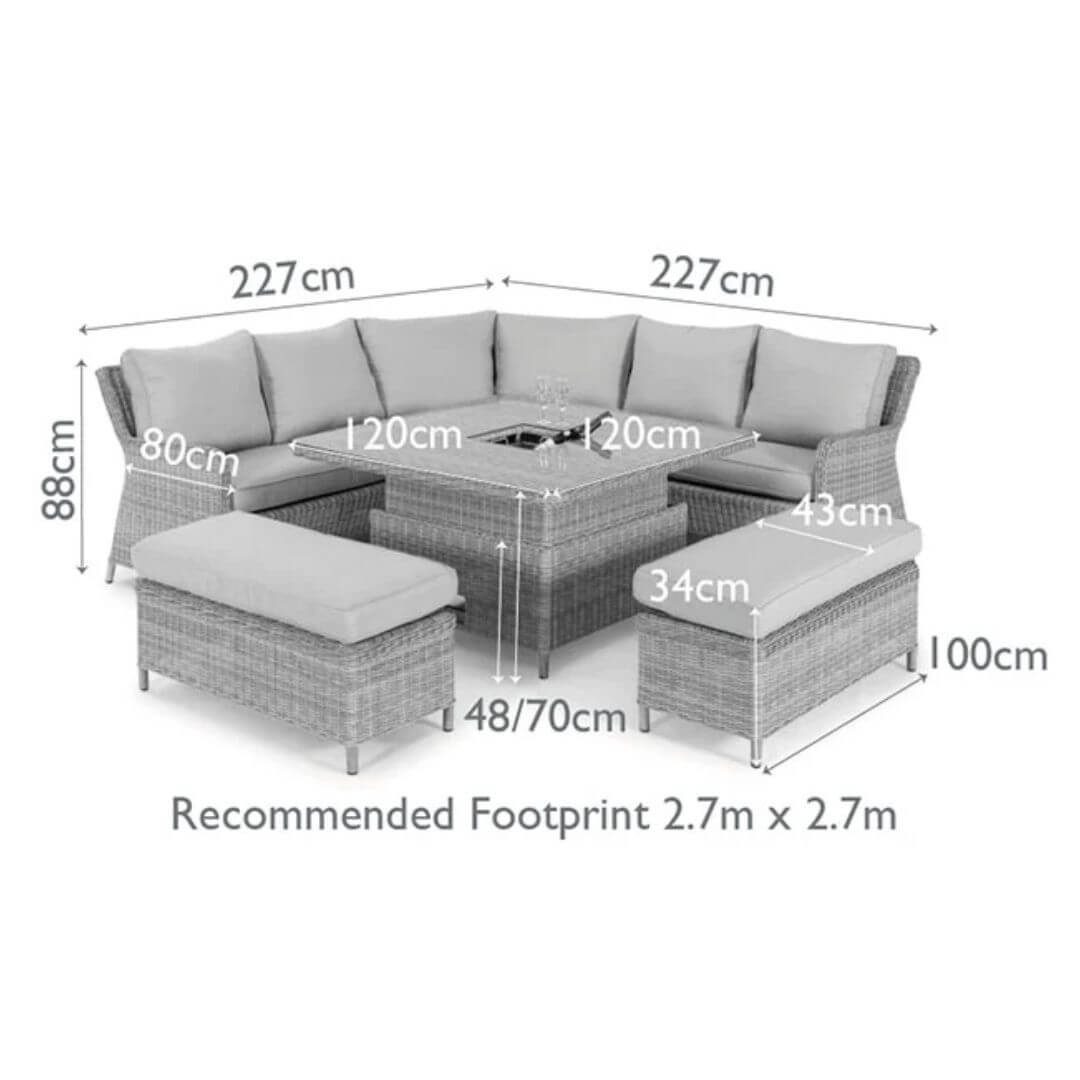 Diagram of a corner sofa dining set with two benches and an ice bucket rising table.