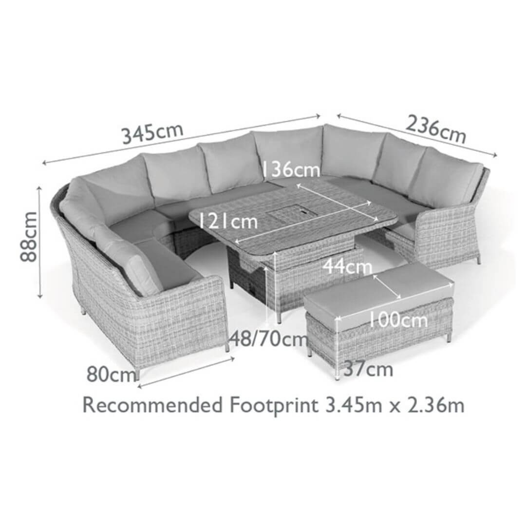 Diagram of a u shaped sofa with matching bench and ice bucket rising table.