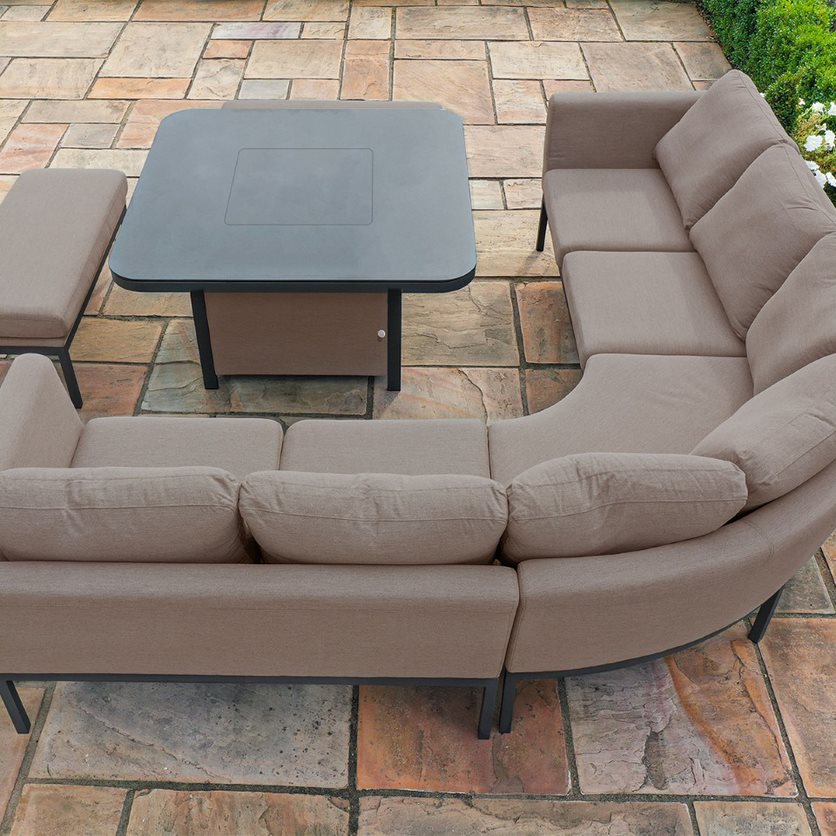 Fabric square corner dining set with firepit table and two benches #colour_taupe