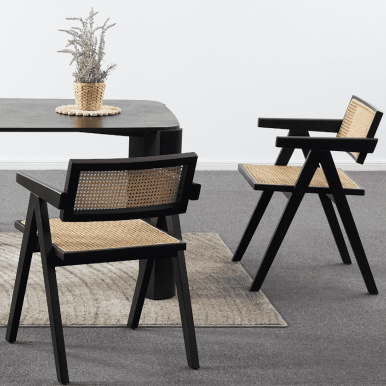 Set of 2 Black Rattan Dining Chairs
