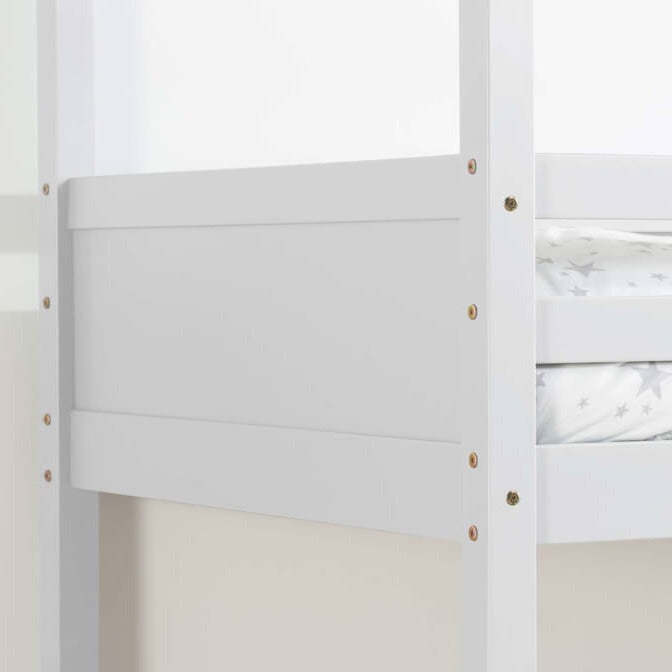 Close up of a white bunk bed frame.