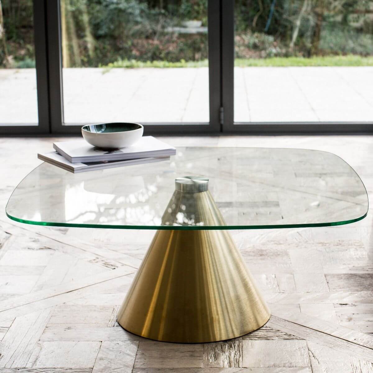small square glass coffee table with brass base