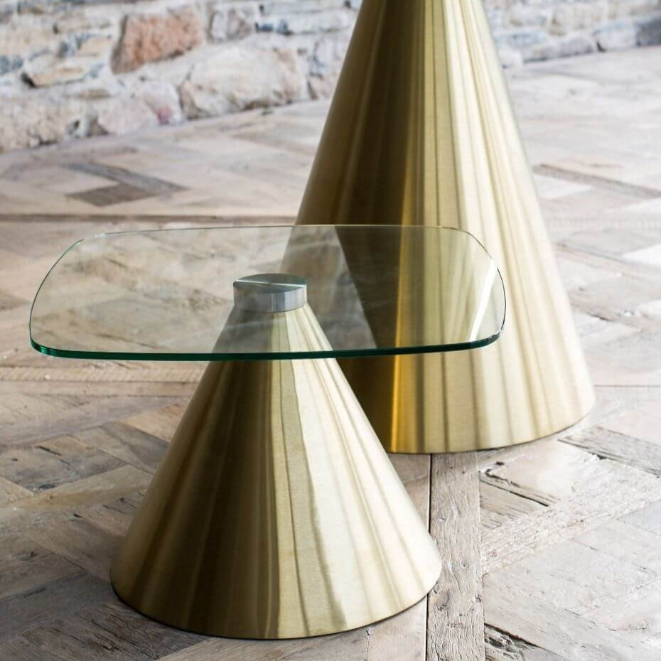 small square glass coffee table with brass base