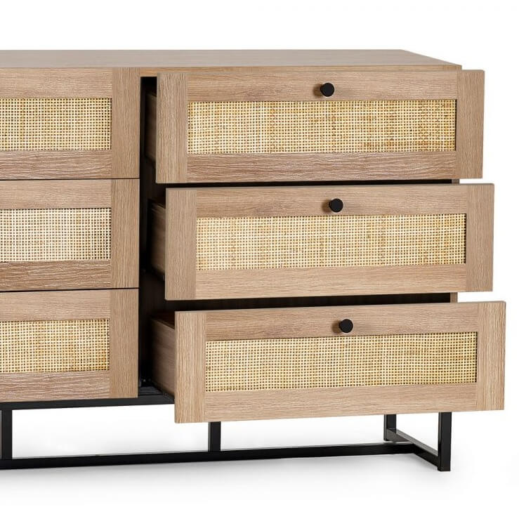 6 drawer oak rattan chest